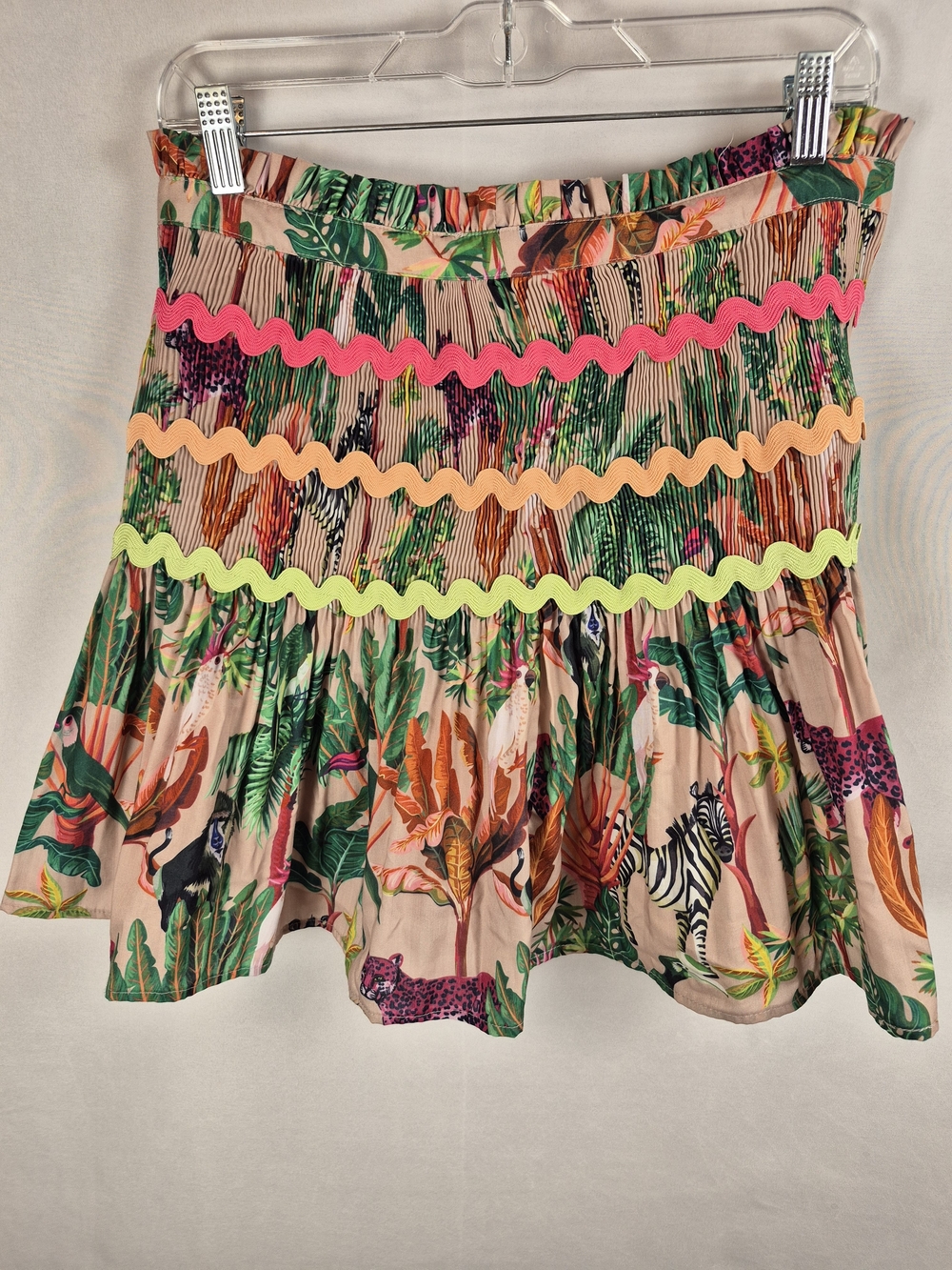 Entro Tropical Animal Print Mini Skirt with Neon Ric-Rac Size L